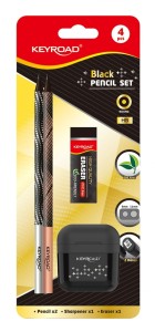 Zestaw szkolny KEYROAD Black Pencil Set, 2x czarny ołówek + gumka + temperówka, blister, czarny