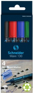 Zestaw markerów uniwersalnych SCHNEIDER Maxx 130, 1-3 mm, 4 szt., pudełko z zawieszką, mix kolorów
