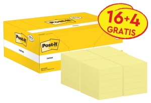 Karteczki samoprzylepne POST-IT® (653CY-VP20), 38x51mm, 100 kart./bloczek, 16 + 4 bloczki GRATIS, kanarkowo żółte